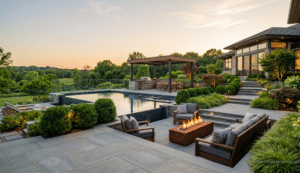 A breathtaking residential backyard featuring a modern pool, sunken fire pit area, and full outdoor kitchen under a sleek pergola.