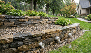 Professional retaining wall installation with perforated drainage pipes in Tonawanda, New York.