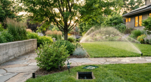 Modern sustainable landscape featuring an integrated smart irrigation system with low-trajectory rotary sprinklers watering a lush lawn and hydrozoned native plant beds.