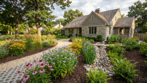 A sustainable home landscape design in New York featuring an engineered river rock rain garden for yard drainage control, a permeable paver walkway, and lush native perennial garden beds with purple coneflowers in front of a stone residential house.