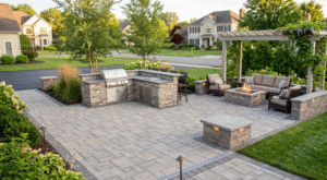 Custom interlocking paver patio featuring a built-in stone outdoor kitchen, stainless steel grill, fire pit, pergolas, and integrated drainage in a luxury Western New York backyard.