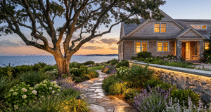 A professionally landscaped coastal garden at twilight, showcasing the artful lighting principles of up-lighting on a mature oak tree, integrated path lights along a stone walkway, and warm linear lighting along a stone retaining wall.