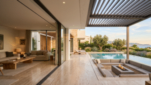 Seamless travertine floor transition from a luxury Marbella villa living room to an outdoor sunken fire pit lounge, louvered pergola, and infinity pool overlooking the Mediterranean Sea at sunset.