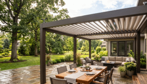 A modern bronze aluminum motorized louvered pergola covering a patio dining area. The louvers are partially open, and an automated rain sensor is mounted visibly on a support column, contrasting the wet surrounding stone with the dry patio floor