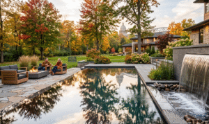 Custom modern infinity pond with a sheer descent sheet waterfall integrated into a natural stone patio in Western New York by Marbel Landscaping.