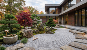 Japanese Zen garden featuring raked light gray aggregate, moss-covered stone triads, a traditional stone lantern, and a sculpted Japanese Red Maple set alongside a modern residential estate home in Western New York.