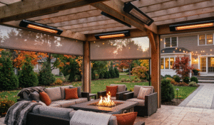 Custom covered timber pergola featuring ceiling-mounted infrared electric heaters, drop-down weather screens, and a central gas fire table on a stamped concrete patio in Western New York.