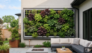 Modular architectural living wall featuring cold-hardy sedums, heucheras, and ferns installed on a modern residential patio in Tonawanda, NY.